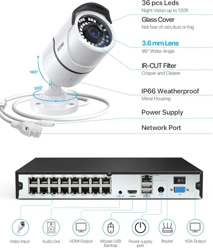 Miniatura 8 de ZOSI Sistema de cámara de seguridad para el hogar PoE de 16 canales 4K, H.265+ 8MP 16 canales CCTV NVR con disco duro de 4 TB para grabación 24-7, 8