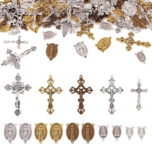 Miniatura 12 de BB Beadthoven Dijes de cruz con cuentas, mini dijes pequeños de metal plateado para pulseras, cruces artesanales para hacer pulseras, collares, Cruz