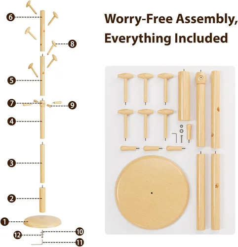 Miniatura 8 de Taitiy Perchero de madera maciza independiente con 10 ganchos para dormitorio, sala de estar, entrada, soporte resistente para colgar sombreros
