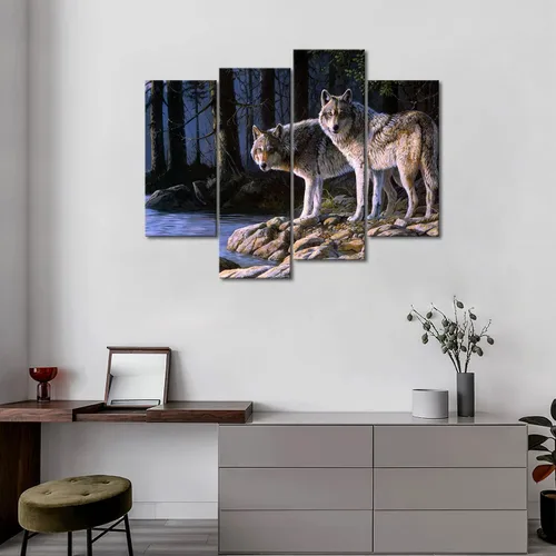 Miniatura 2 de Dos lobos en la orilla del río, bosque, arte de pared, cuadros de lobos impresos en lienzo animal la imagen para decoración moderna del hogar