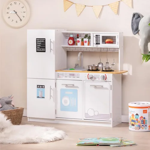 Miniatura 9 de HONEY JOY Juego de cocina para niños, cocina de madera de pequeño chef de simulación con pizarra, gran gabinete de almacenamiento, estufa, grifo