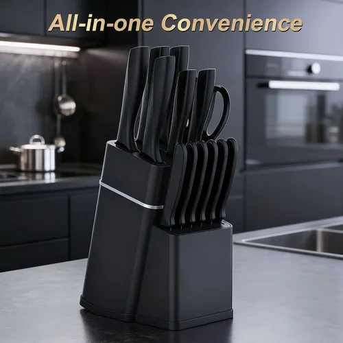 Miniatura 8 de Juego de cuchillos de cocina con bloque, juego de cuchillos de 15 piezas con afilador integrado, apto para lavavajillas, cuchillas de acero