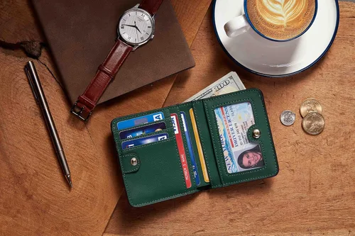 Miniatura 6 de Gostwo - Cartera compacta de piel genuina de lujo para mujer con bloqueo de RFID y ventana de identificación