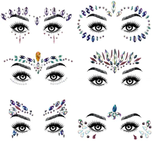 AOMIG Gemas faciales con purpurina, 6 calcomanías de diamantes de imitación para cara, joyas de cara de sirena, lágrimas de cristal, piedras B