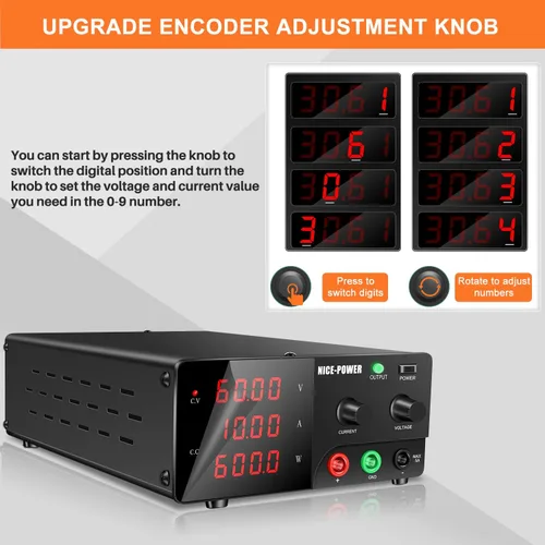 Miniatura 4 de NICE-POWER Fuente de alimentación de CC variable, fuente de alimentación de banco de alta potencia de 60 V 10 A 600 W con perilla de codificador e