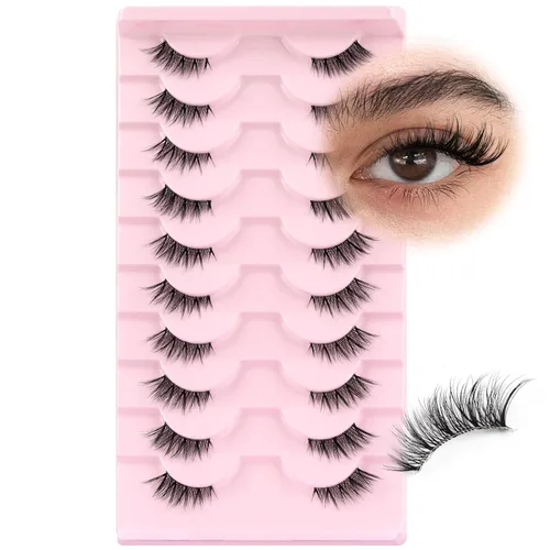 Miniatura 17 de Ahrikiss Mitad pestañas de aspecto natural, 10 pares de pestañas postizas 3D esponjosas con banda transparente, medias pestañas cortas suaves (TB10)