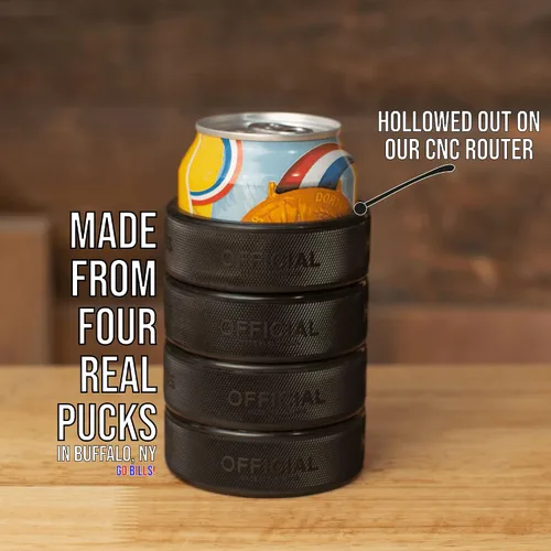 Miniatura 2 de Enfriador de latas de cerveza hecho de 4 discos de hockey sobre hielo reales, soporte aislado de 12 onzas para regalos de papá de hockey