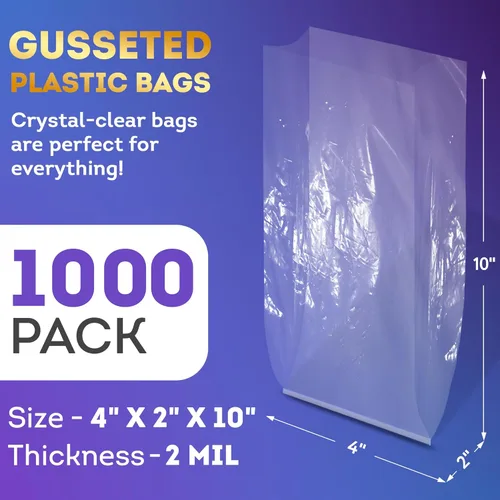 Miniatura 2 de APQ Supply Bolsas de polietileno transparentes con refuerzo, 4 x 2 x 10 pulgadas. Paquete de 1000 bolsas de plástico con refuerzo lateral con parte