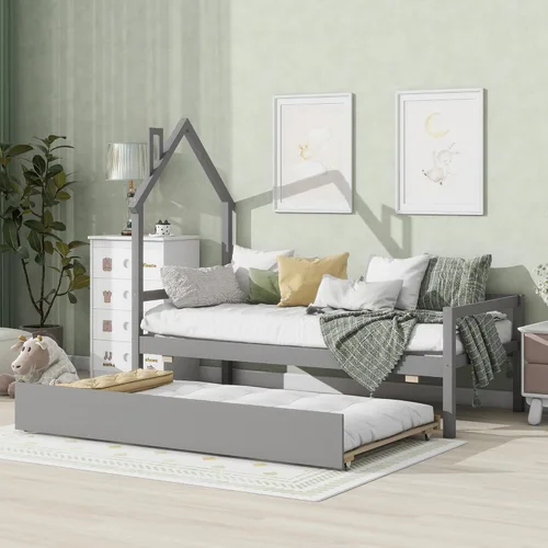 Miniatura 17 de Cama de plataforma de madera de tamaño individual con cabecero y cercas en forma de casa, sin tablillas, cama de piso para dormitorio de niños Verde