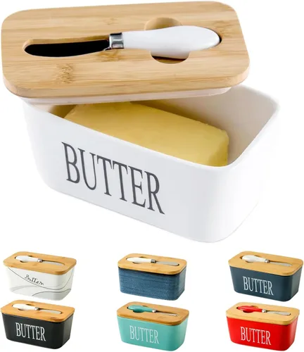 Miniatura 14 de Hasense Mantequillera de porcelana con tapa de bambú – Mantequera cubierta con cuchillo de mantequilla para encimera, recipiente hermético