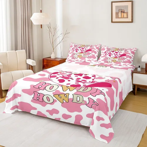 Western Cowgirls - Juego de sábanas para niños, tamaño individual, con estampado de piel de vaca rosa, decoración de habitación de niños y adultos,