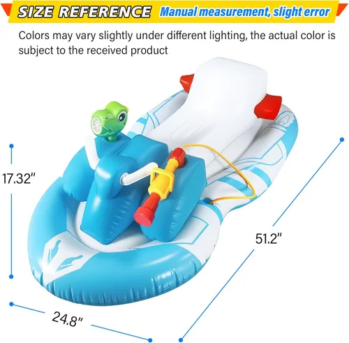 Miniatura 3 de Flotadores de piscina con forma de moto acuática para niños pequeños con pistola de agua y pistola de burbujas, barco inflable para niños de 6 a 12