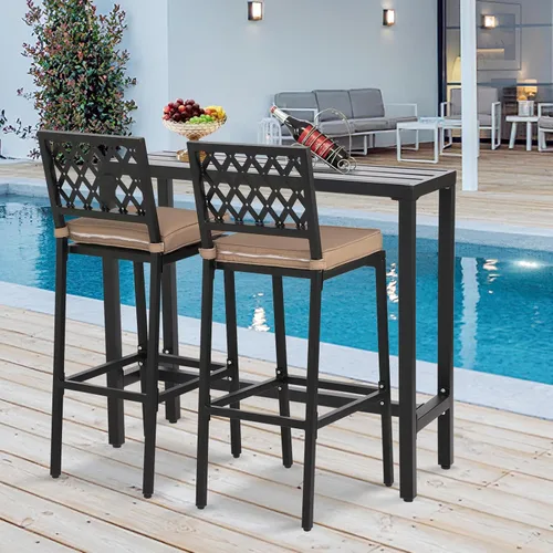 Miniatura 8 de Sillas y mesa de bar para exteriores, juego de bar de metal para exteriores, juego de mesa de bar de 3 piezas con taburetes de bar y cojines