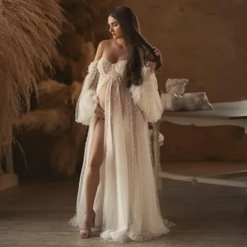 Miniatura 2 de yinyyinhs Vestido de maternidad de tul perla para sesión de fotos, manga larga hinchada y hombros descubiertos, vestido de maternidad para baby