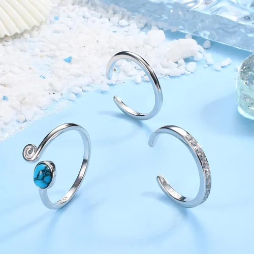 Miniatura 4 de Florideco Juego de 3 anillos de plata de ley S925 para mujer, con puntera abierta, ajuste cómodo, ajustable, nudo celta, turquesa, dedo del pie