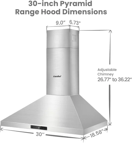 Miniatura 9 de COMFEE' CVP30W7AST Campana Extractora de 30 Pulgadas 450 CFM 3 Velocidades Detección de Gestos y Panel de Control Táctil Acero Inoxidable Montaje