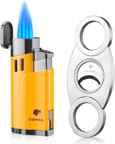 Miniatura 8 de Juego de cortador de puros y encendedor con butano recargable, cuatro encendedores de llama de chorro, hoja de afilado, guillotina de puros, soplete