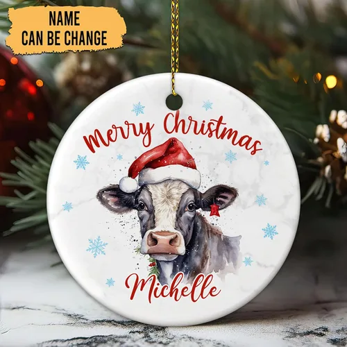 Miniatura 2 de Hyturtle Adornos de Navidad personalizados para amantes de las vacas - Adorno de Navidad de cerámica con nombre personalizado de vaca - Lindos