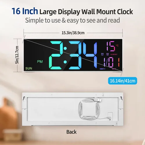 Miniatura 3 de LEIKE Reloj de pared digital grande de 16.2 pulgadas con control remoto, LED grande, alarma dual, 8 colores RGB, brillo automático, fecha, DST