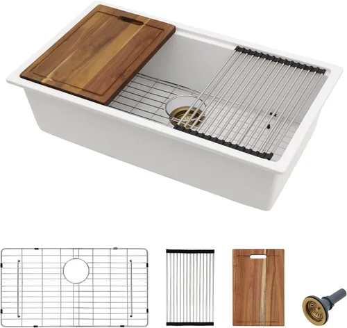 Miniatura 37 de Fregadero de preparación de barra de montaje inferior de 12 x 16 pulgadas, color negro mate, compuesto de cuarzo, clásico bajo encimera, lavabo