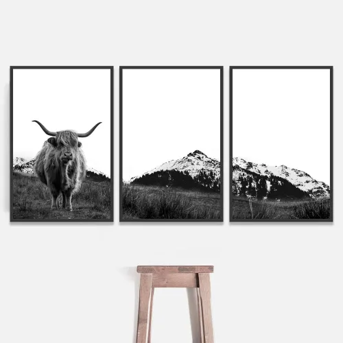 Miniatura 2 de SIGNWIN Lienzo enmarcado de 3 piezas de arte para la pared, diseño de ganado de las tierras altas frente a la montaña nevada, duotono en blanco