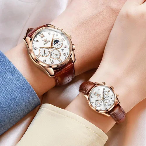 Miniatura 7 de OLEVS Juego de 2 relojes de cuarzo para parejas de San Valentín, para él y ella, cronógrafo de cuero, con diamantes para hombres, mujeres, amantes