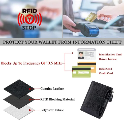 Miniatura 6 de Carteras de cuero para mujer con bloqueo RFID, billetera delgada, plegable, tarjetero con cremallera, bolsillo para monedas, ventana