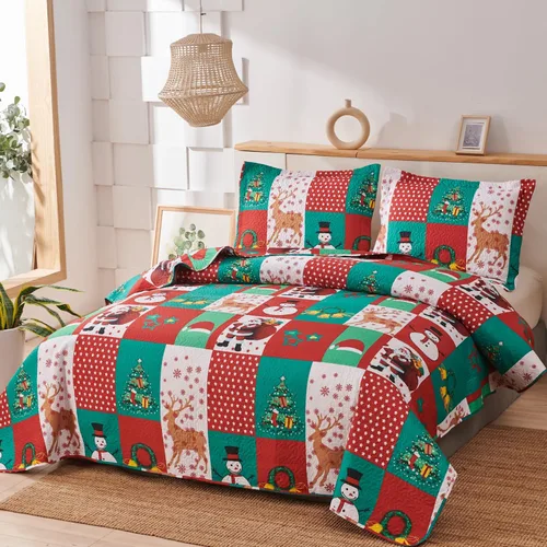Miniatura 3 de Juego de colcha de Navidad de Smuge, tamaño king - Reversible, con diseño de alce, muñeco de nieve, árbol de Navidad, pequeña campana, rojo, verde