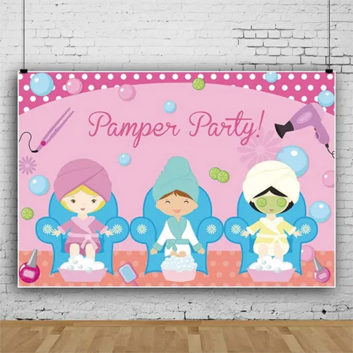 Miniatura 2 de Telón de fondo de fiesta de mimo, decoración de fiesta temática de belleza, burbujas, baño de pies, fondo rosa, suministros de fiesta de cumpleaños