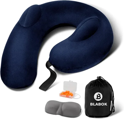 Almohada Inflable para Cuello de Viaje, Almohada de Viaje con Soporte para Cabeza y Cuello, Almohada de Cuello para Viaje en Avión, Tren, Coche, Azul