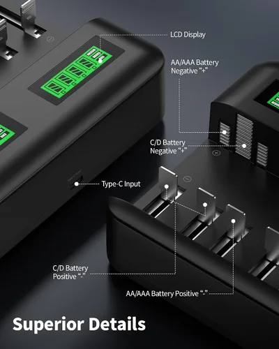 Miniatura 8 de EBL LCD Cargador de Batería de 8 Bahías, Cargador de Batería Recargable AA AAA C D para Baterías Recargables Ni-MH AA AAA C D Baterías con Puerto