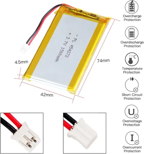 Miniatura 2 de 3.7V 1500mAh 454272 batería de iones de polímero de litio batería recargable Lipo con conector de paso de pH 0.079 in