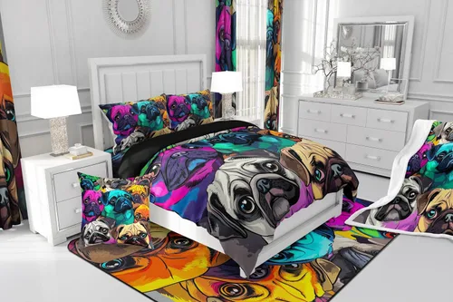 Miniatura 7 de Juego de edredón con diseño de Pug encantador, juego de cama con dibujos de perros Pug coloridos para niños y niñas, edredón de plumón con 1 edredón