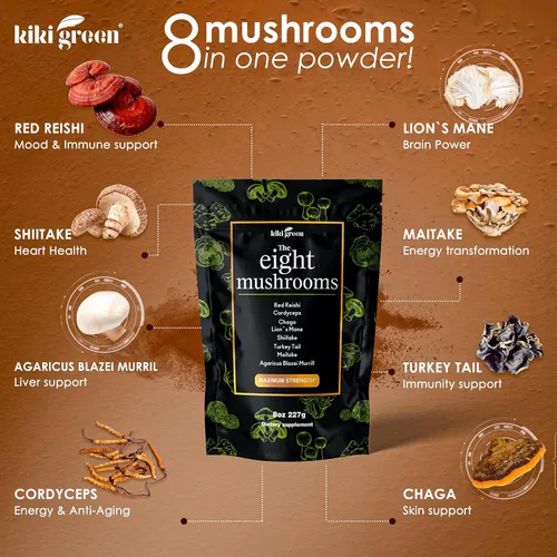 Miniatura 2 de KIKI Green Extracto de 8 hongos en polvo, mezcla de suplemento de 8 onzas, melena de león, reishi, chaga, cordyceps, maitake, shiitake