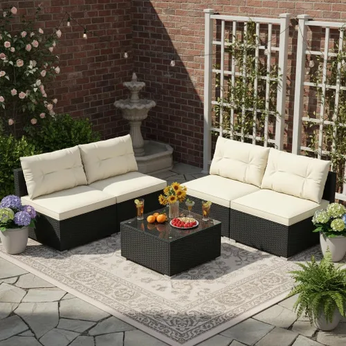 Tangkula - Juego de sofá de ratán de 5 piezas, conjunto de muebles de mimbre para patio de Patiojoy con cojines de asiento y respaldo, mesa de