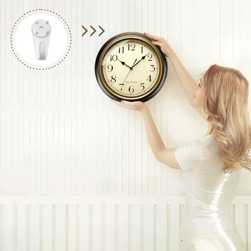 Miniatura 5 de Plumeet Reloj de Pared de Metal Pequeño, 10'' Sin Tictac Clásico Silencioso Relojes de Pared de Hierro Decorativos para Cocina, Sala de Estar, Marrón