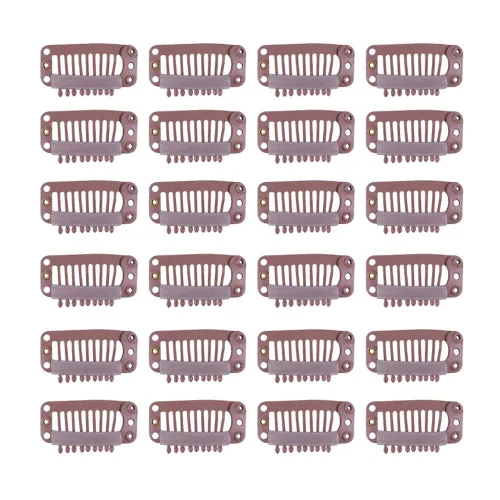 YANTAISIYU 24 unids/lote 1.260 in 9-dientes Metal Hair Clip con goma Snap Clips para peluca Accesorios Clips (marrón claro)
