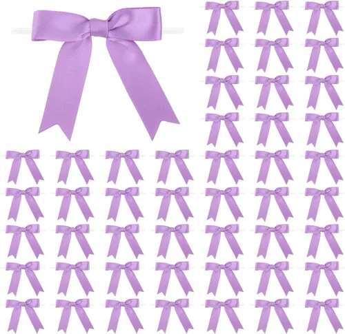 Meseey 50 lazos de satén de 3 pulgadas, color morado uva, preatados, para bolsas de golosinas, cesta de envoltura de regalo, boda, baby shower,