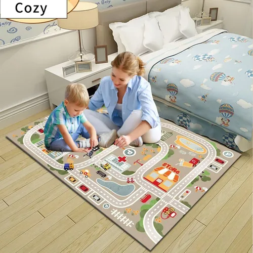 Miniatura 7 de Alfombra de juego para autos de juguete, alfombra para niños con carreteras para sala de juegos, alfombra de carretera de la vida urbana