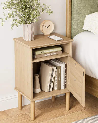 Miniatura 4 de Mesita de noche, mesita de noche bohemia con 1 cajón, mesa auxiliar moderna con estante abierto, mesa auxiliar de noche de madera para dormitorio