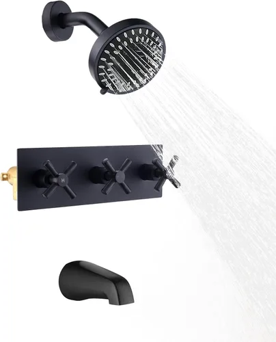 Miniatura 14 de Juego de 3 manijas para bañera y ducha, color negro mate, 2 en 1, doble ducha, grifos de ducha, kit de molduras de bañera y ducha, sistema de ducha