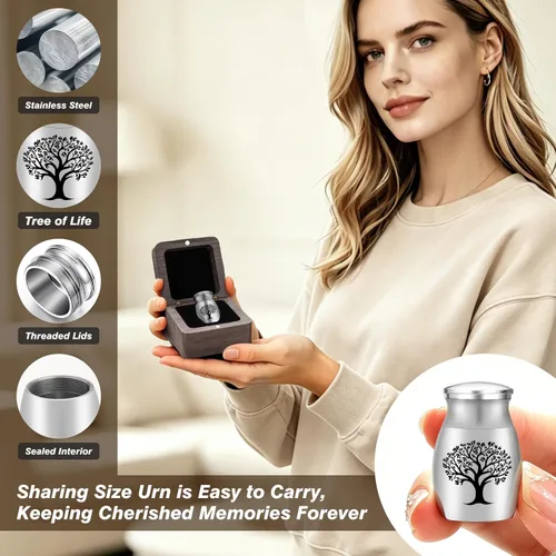 Miniatura 5 de SOITIS Small Urns for Human Ashes Keepsake Stainless Steel Mini Urns for Human Ashes Wooden Box Sharing Tree of Life Ashes Keepsake Cremation Urns