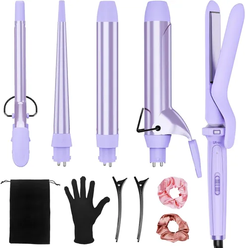 Miniatura 7 de Ufree Rizador 5 en 1 con cilindros de cerámica intercambiables (0.35"-1.25"), juego de varita rizadora con plancha alisadora de cabello, Oro rosa
