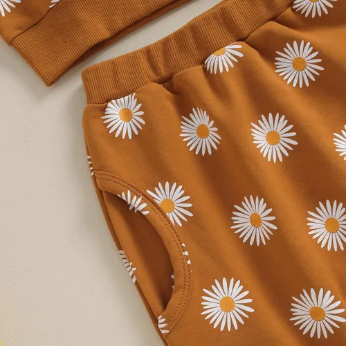 Miniatura 4 de CIYCUIT Conjunto de 3 piezas de sudadera de margaritas + pantalones + diadema, ropa infantil de otoño e invierno