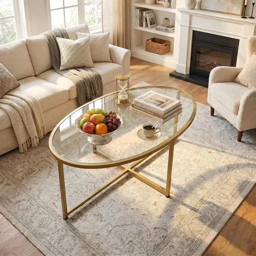 Miniatura 8 de Wolawu Mesa de centro ovalada dorada de vidrio para sala de estar, mesas de té modernas con marco de metal dorado para espacios pequeños, mesa