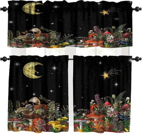 Miniatura 21 de Cortina de cocina de hongos, fresa con plantas verdes, flores silvestres, estrellas doradas, mariposa, dormitorio, comedor, cafetería, oficina, sala