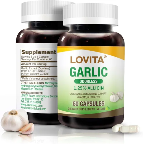 LOVITA Extracto de ajo inodoro, estandarizado al 1.25% de alicina, potente concentración 100:1, apoya el corazón, la presión arterial, el colesterol