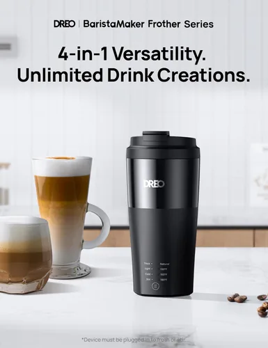 Miniatura 2 de DREO Espumador de leche, espumador eléctrico 4 en 1 para café, máquina de espuma fría y caliente para capuchino, blanco plano, café con leche