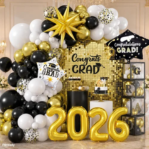 Kit de Arco de Globos Paready Graduación 2025, 120 Piezas de Arco de Globos Graduación Negro y Dorado, Globos de Confeti Negro y Dorado Metálicos