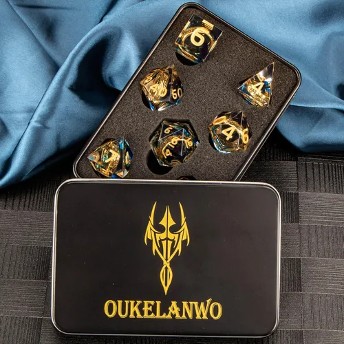Miniatura 6 de OUKELANWO Magic Lord Rings - Juego de dados DND con caja, 7 piezas de dados LOTR D&D de resina para juegos de rol, dados azul dorado de Dungeons